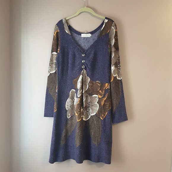 EZRA Designs Blue Floral V-neck Long-Sleeved Dress, Soft, Stretchy, Flowy Small - Picture 1 of 14